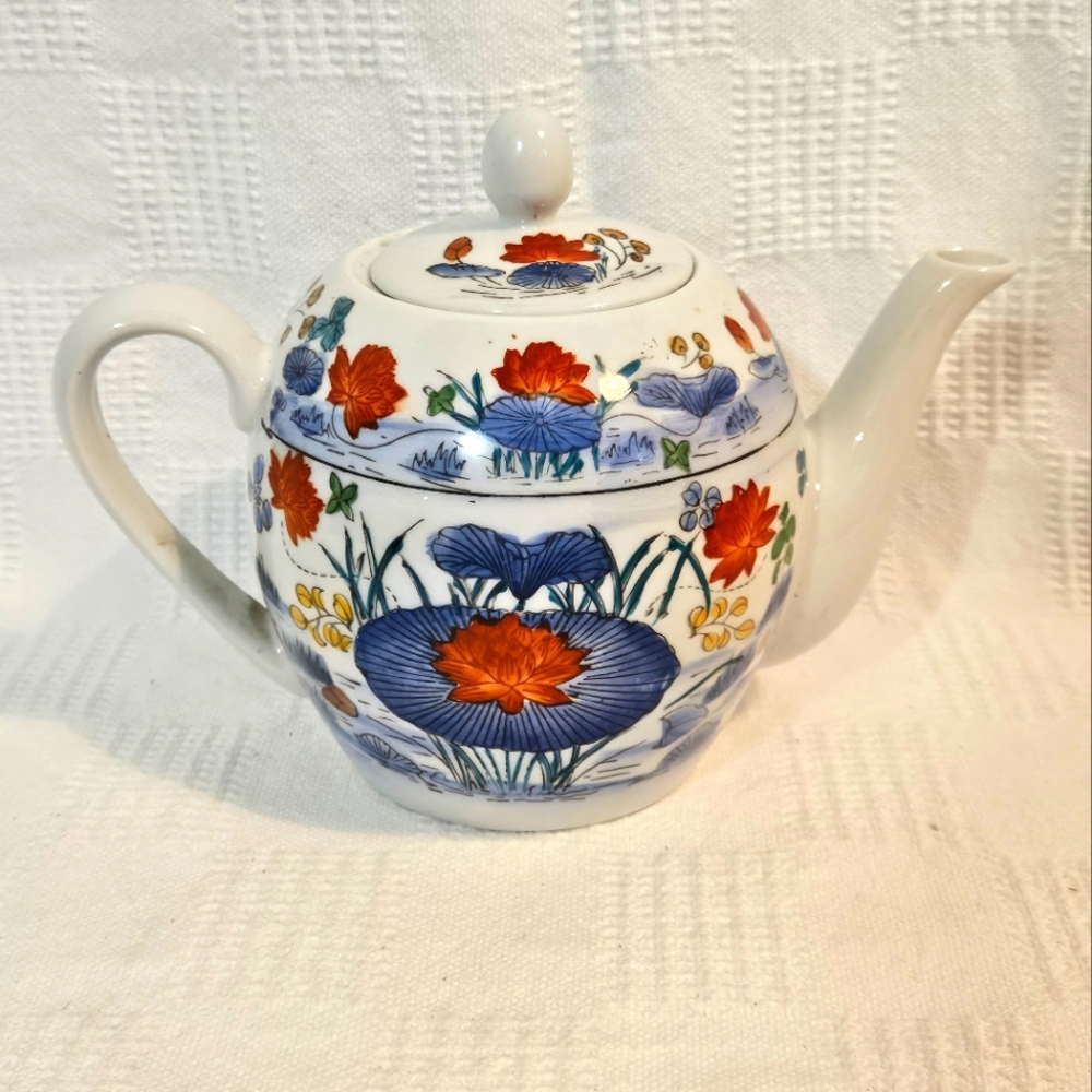 Vintage Williams Sonoma Grande Cuisine Ceramic Teapot Asian Floral Motif